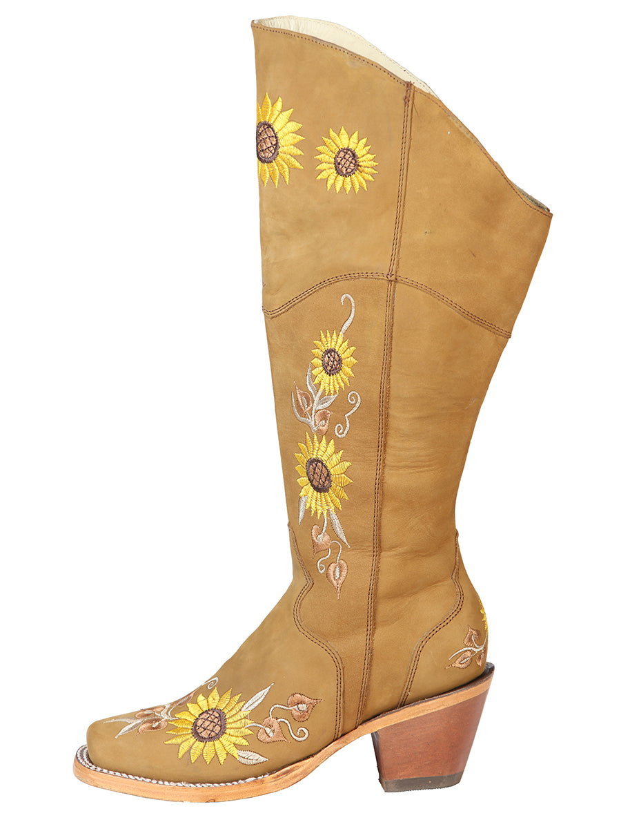 High Cowboy Boots with Nubuck Leather Sunflower Embroidered Tube for Women 'El General' - ID: 43916 Cowgirl Boots El General
