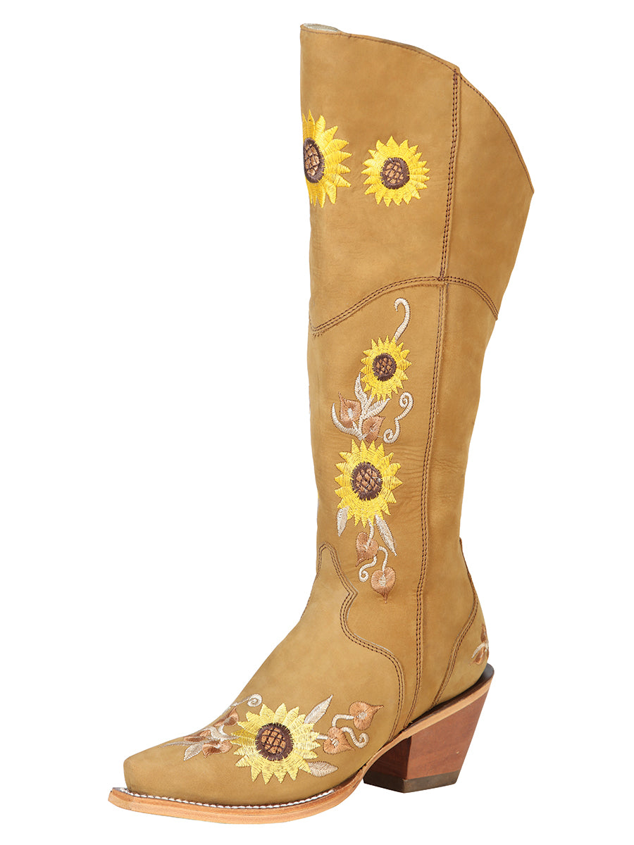 High Cowboy Boots with Nubuck Leather Sunflower Embroidered Tube for Women 'El General' - ID: 43917 Cowgirl Boots El General Miel