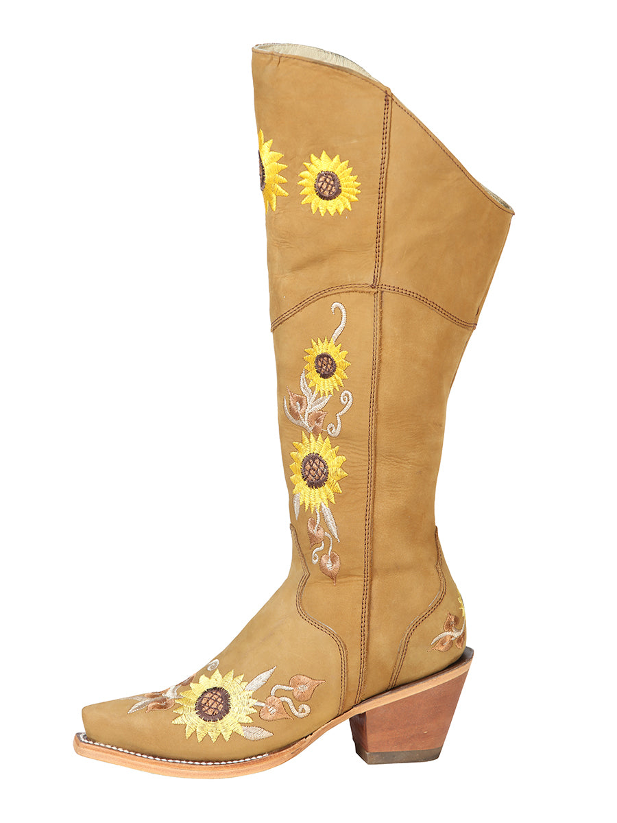 High Cowboy Boots with Nubuck Leather Sunflower Embroidered Tube for Women 'El General' - ID: 43917 Cowgirl Boots El General