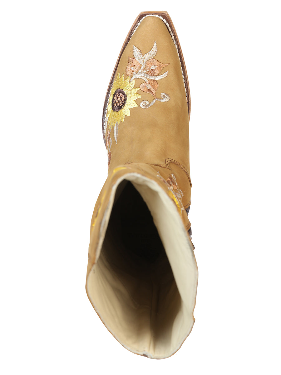 Botas Vaqueras Altas con Tubo Bordado de Girasoles de Piel Nobuck para Mujer 'El General' - ID: 43917