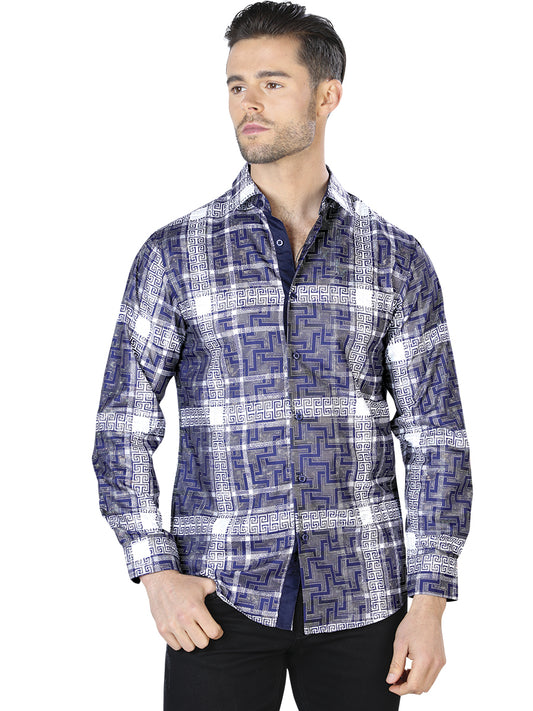 Blue/White Printed Long Sleeve Casual Shirt for Men 'The Lord of the Skies' - ID: 44007 Casual Shirt The Lord of the Skies Blue/White