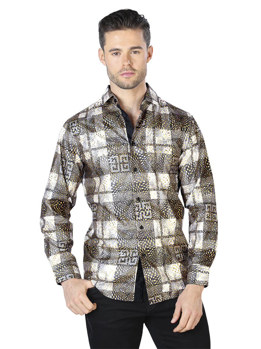 Black / Yellow Printed Long Sleeve Casual Shirt for Men 'The Lord of the Skies' - ID: 44008