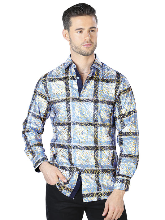Blue / Yellow Printed Long Sleeve Casual Shirt for Men 'The Lord of the Skies' - ID: 44010