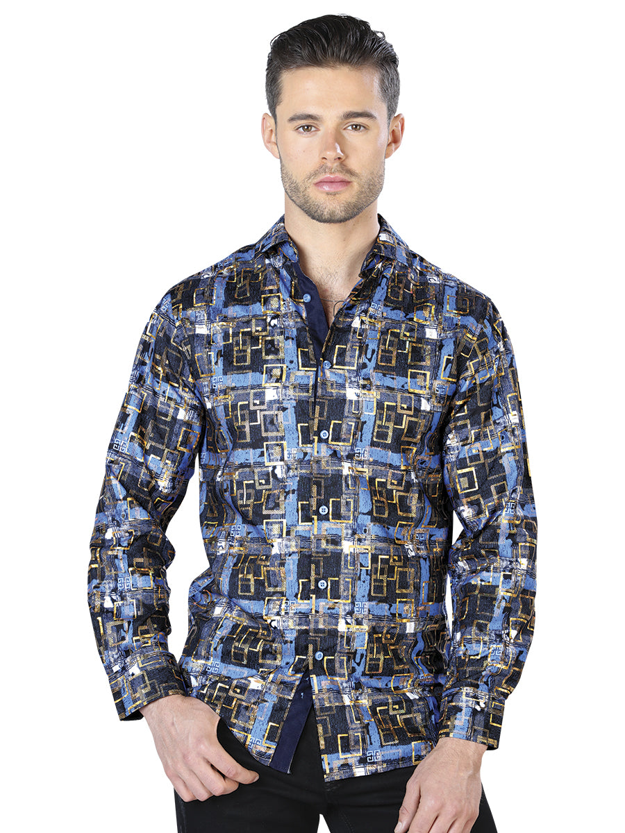 Blue/Gold Printed Long Sleeve Casual Shirt for Men 'The Lord of the Skies' - ID: 44012