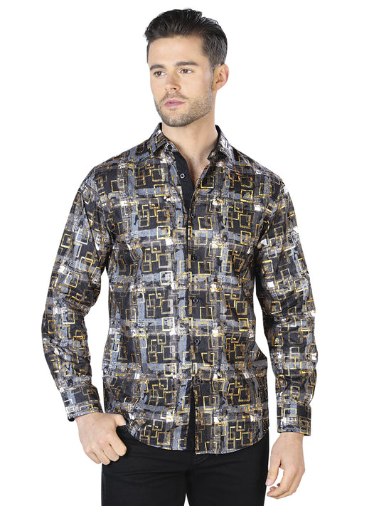 Black / Gold Printed Long Sleeve Casual Shirt for Men 'The Lord of the Skies' - ID: 44013