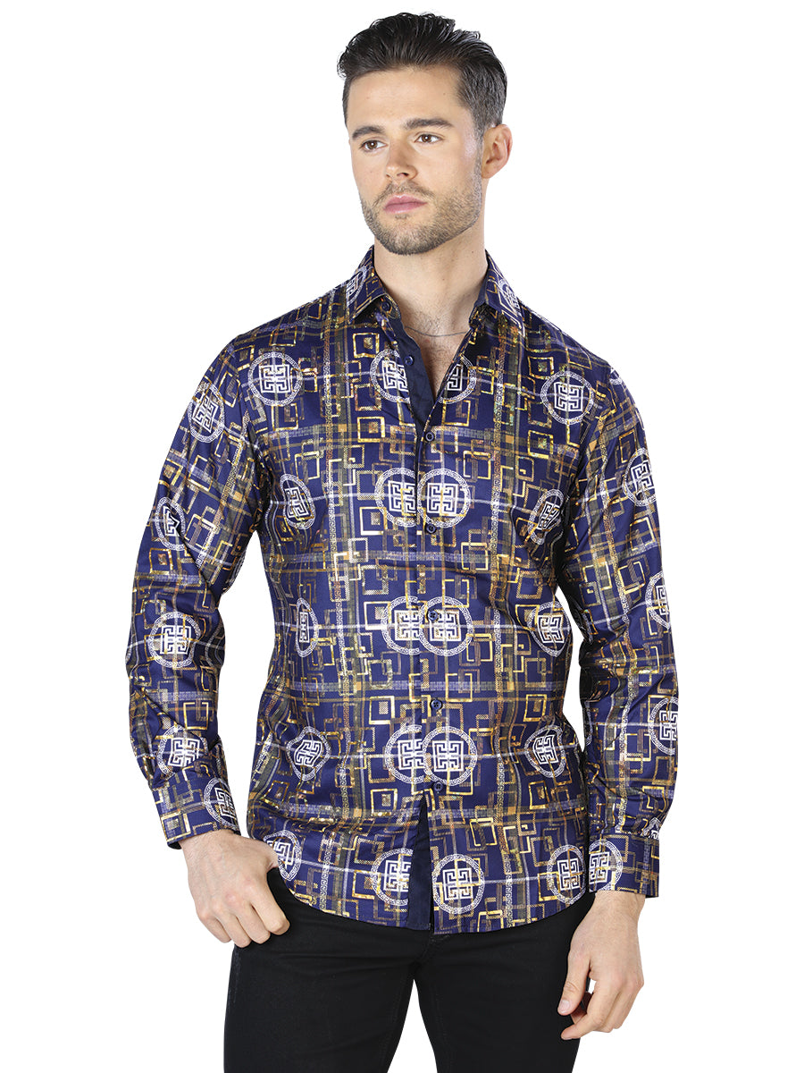 Navy / Gold Printed Long Sleeve Casual Shirt for Men 'The Lord of the Skies' - ID: 44014