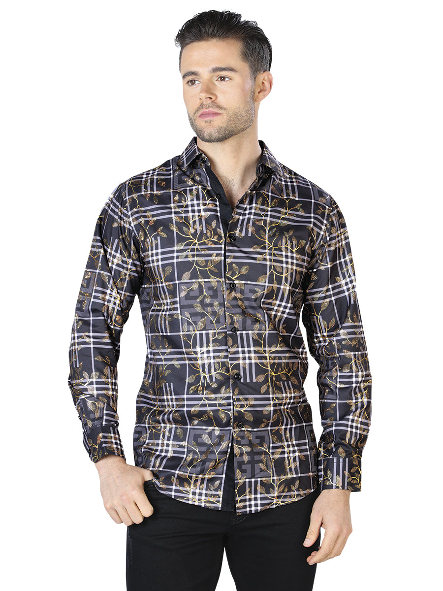 Black / Gold Printed Long Sleeve Casual Shirt for Men 'The Lord of the Skies' - ID: 44019