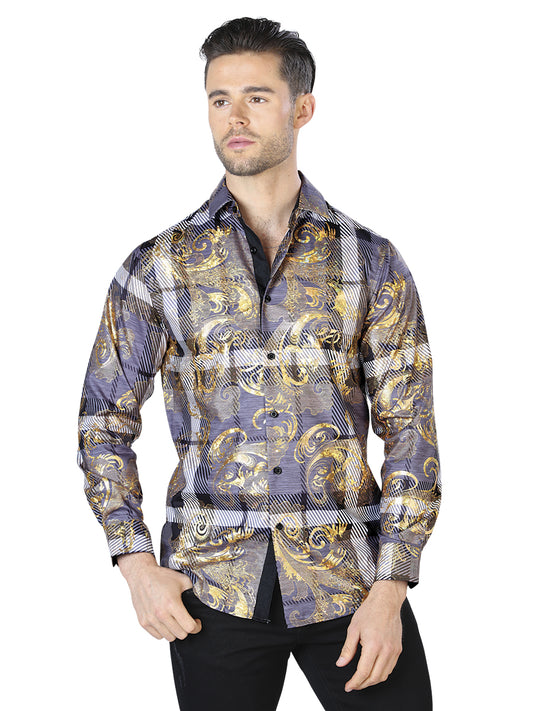 Gold/Black Printed Long Sleeve Casual Shirt for Men 'The Lord of the Skies' - ID: 44022 Casual Shirt The Lord of the Skies Black/Gold
