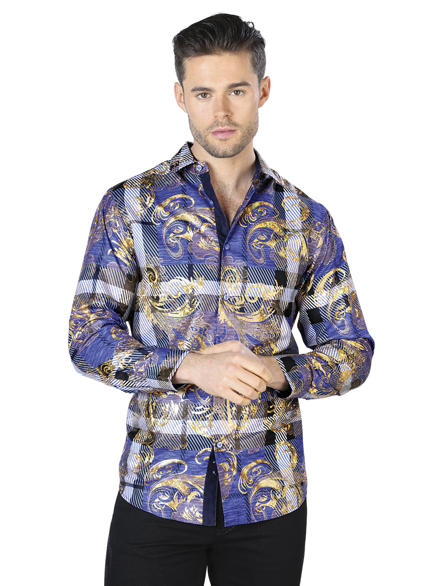Blue/Gold Printed Long Sleeve Casual Shirt for Men 'The Lord of the Skies' - ID: 44023
