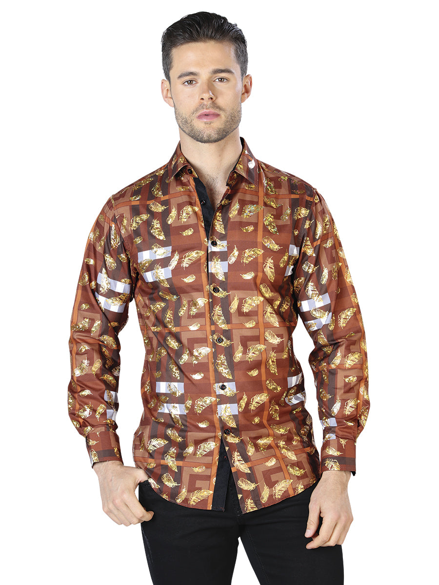Coffee / Gold Printed Long Sleeve Casual Shirt for Men 'The Lord of the Skies' - ID: 44024