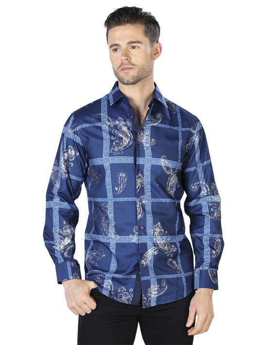 Navy/Silver Printed Long Sleeve Casual Shirt for Men 'The Lord of the Skies' - ID: 44026 Casual Shirt The Lord of the Skies Navy/Silver