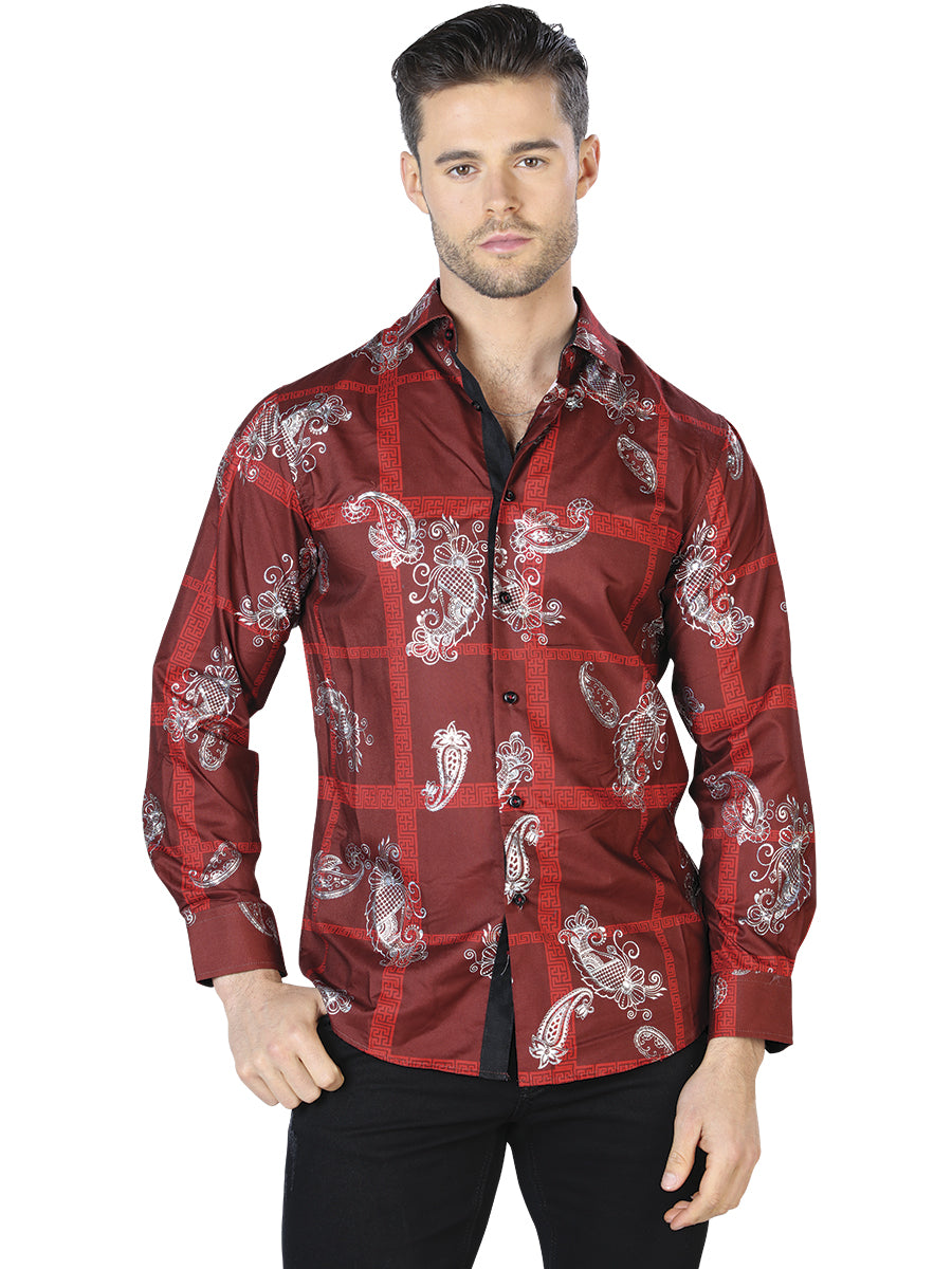 Wine/Silver Printed Long Sleeve Casual Shirt for Men 'The Lord of the Skies' - ID: 44027