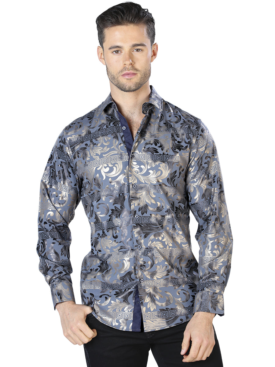 Navy / Gold Printed Long Sleeve Casual Shirt for Men 'The Lord of the Skies' - ID: 44038