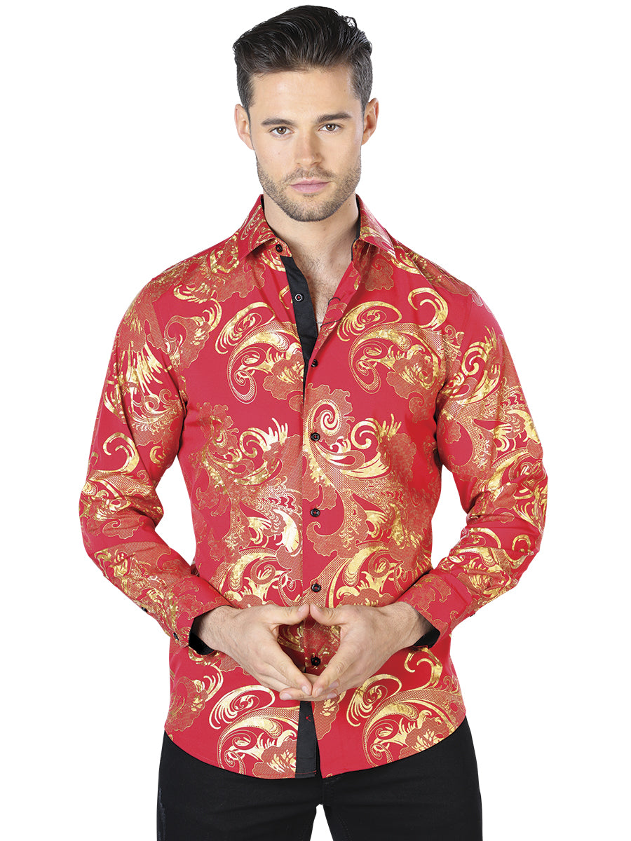Gold / Red Printed Long Sleeve Casual Shirt for Men 'The Lord of the Skies' - ID: 44040