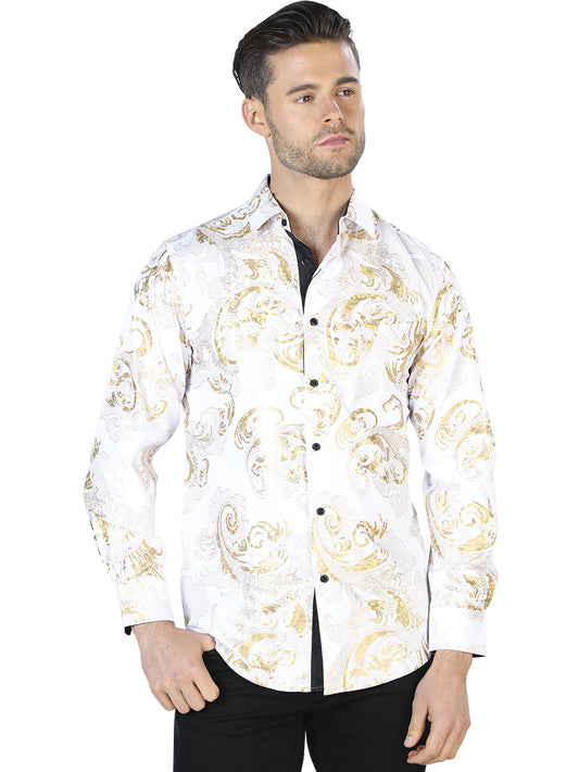 Camisa Casual Manga Larga Estampada Oro/Blanco Hueso para Hombre 'El Señor de los Cielos' - ID: 44041 Casual Shirt El Señor de los Cielos Gold/Off White