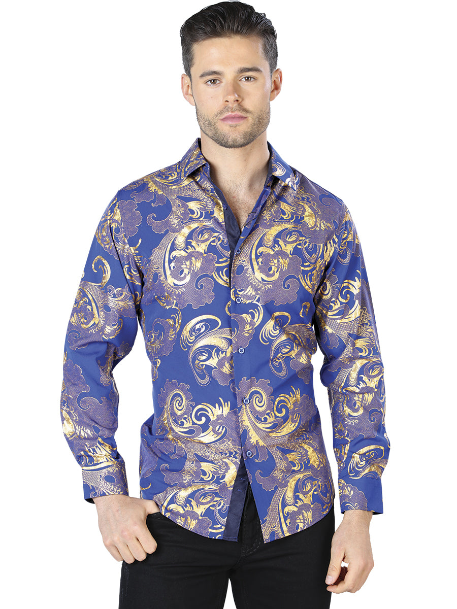 Blue/Gold Printed Long Sleeve Casual Shirt for Men 'The Lord of the Skies' - ID: 44042