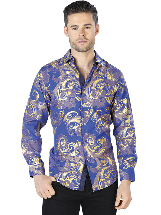 Camisa Casual Manga Larga Estampada Azul/Oro para Hombre 'El Señor de los Cielos' - ID: 44042 Camisas Estampadas El Señor de los Cielos Blue/Gold