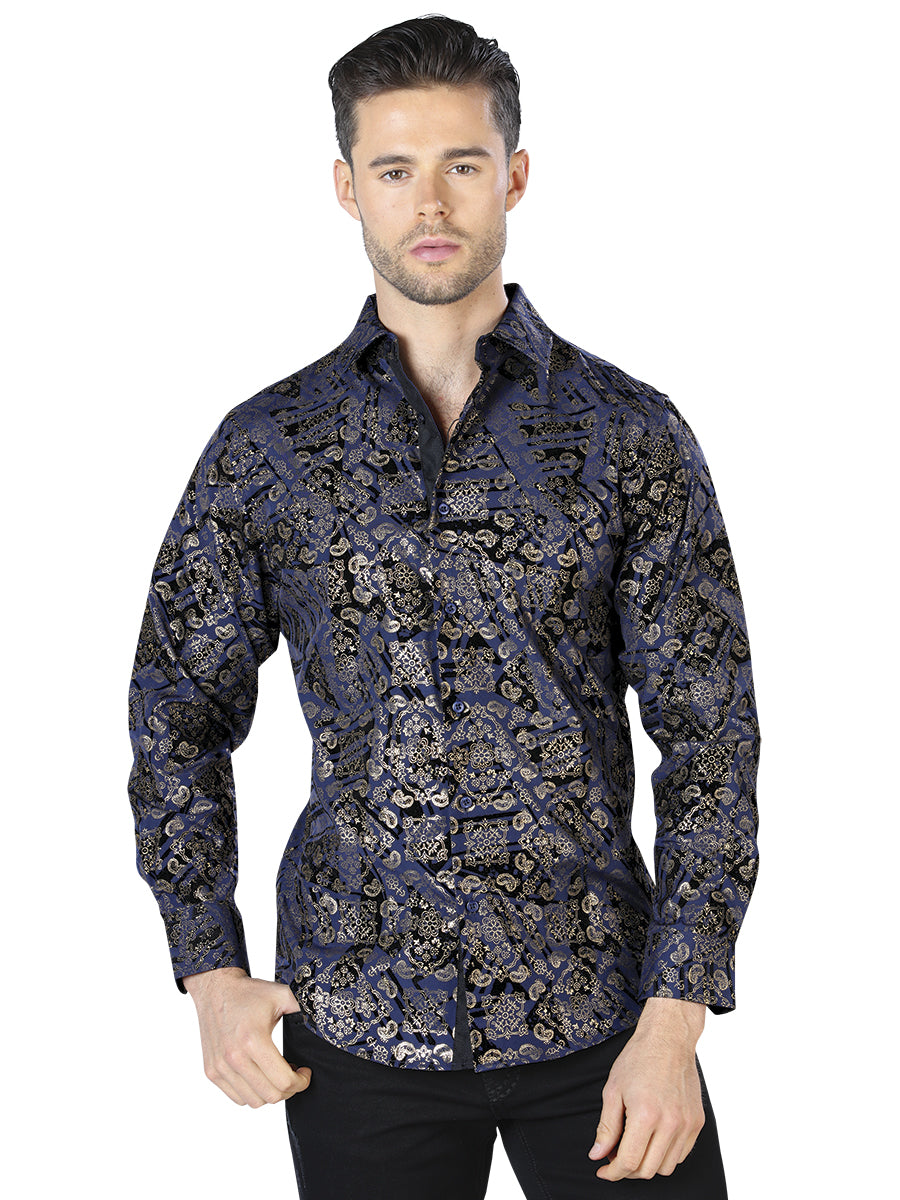 Navy / Gold Printed Long Sleeve Casual Shirt for Men 'The Lord of the Skies' - ID: 44054