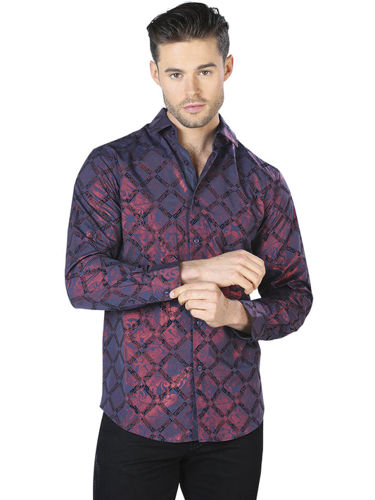 Blue/Wine Printed Long Sleeve Casual Shirt for Men 'The Lord of the Skies' - ID: 44056
