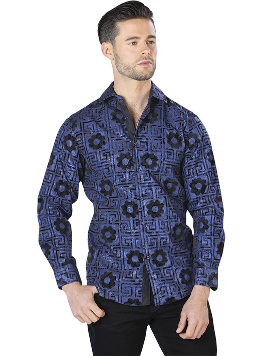 Blue/Black Printed Long Sleeve Casual Shirt for Men 'El Señor de los Cielos' - ID: 44057 Casual Shirt El Señor de los Cielos Blue/Black