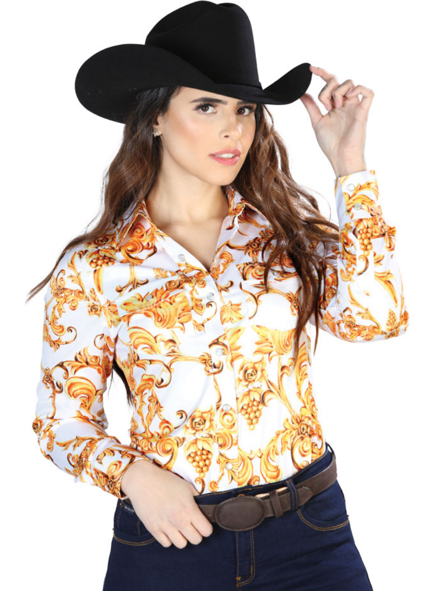 White Bone/Gold Floral Print Long Sleeve Denim Shirt for Women 'El Señor de los Cielos' - ID: 44062 Western Shirt El Señor de los Cielos