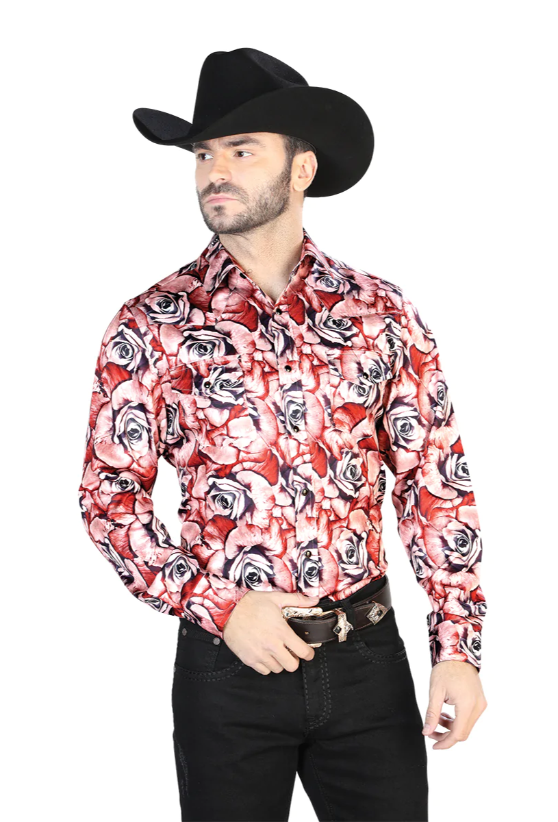 Red/Rose Floral Print Long Sleeve Denim Shirt for Men 'The Lord of the Skies' - ID: 44068