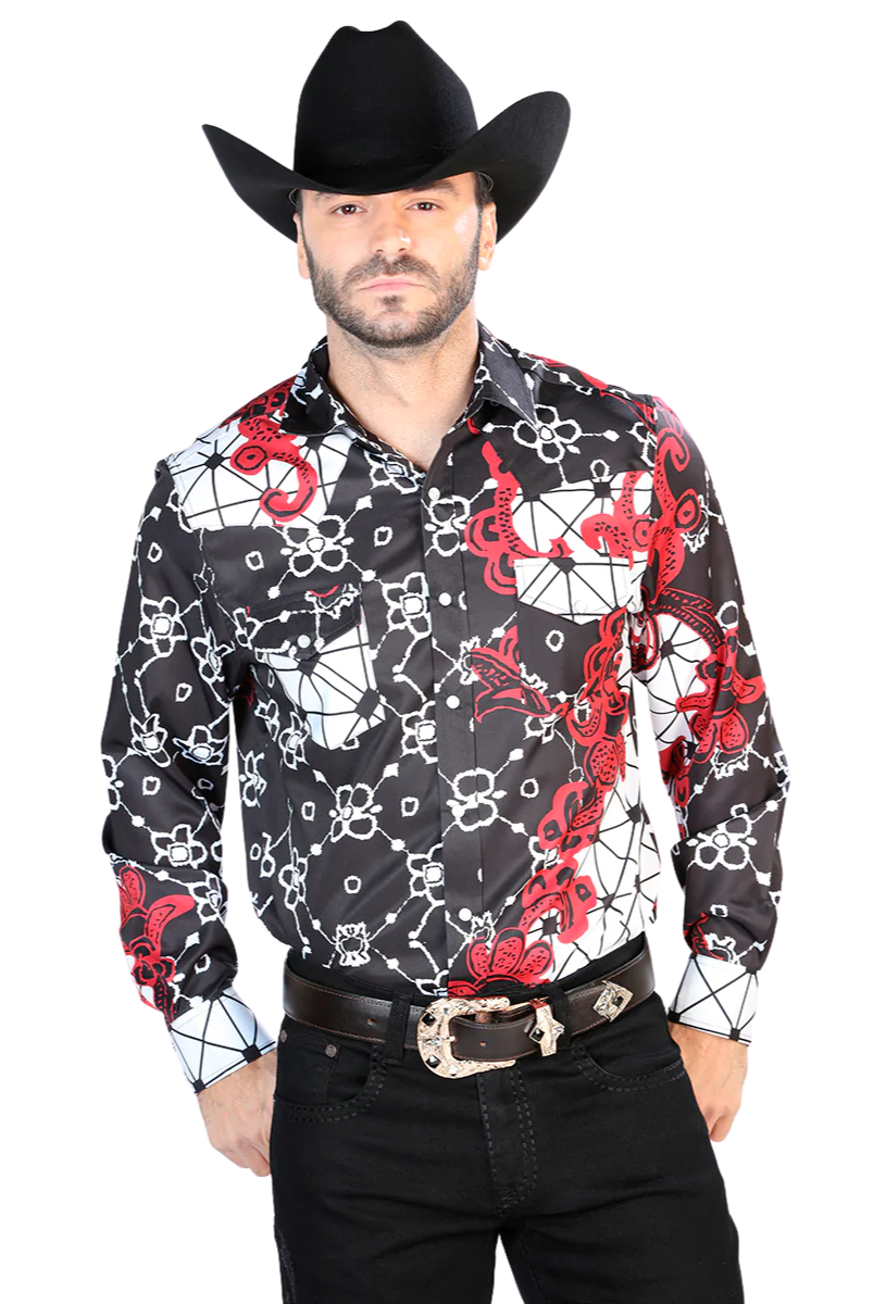 Burgundy Printed Long Sleeve Denim Shirt for Men 'The Lord of the Skies' - ID: 44076