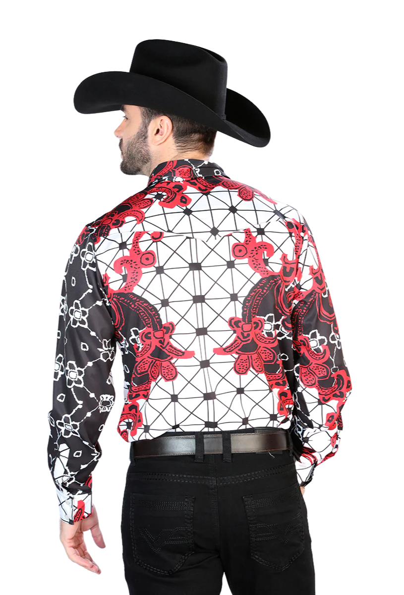 Burgundy Printed Long Sleeve Denim Shirt for Men 'The Lord of the Skies' - ID: 44076