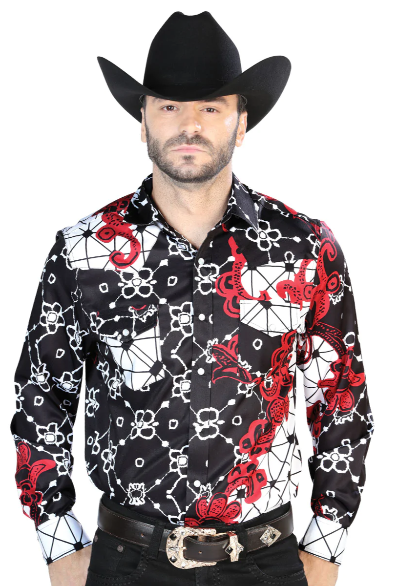 Camisa Vaquera Manga Larga Estampada Burgundy para Hombre 'El Señor de los Cielos' - ID: 44076 Western Shirt El Señor de los Cielos 