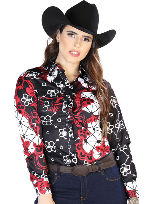Long Sleeve Floral Print Burgandy/Black Denim Shirt for Women 'The Lord of the Skies' - ID: 44078