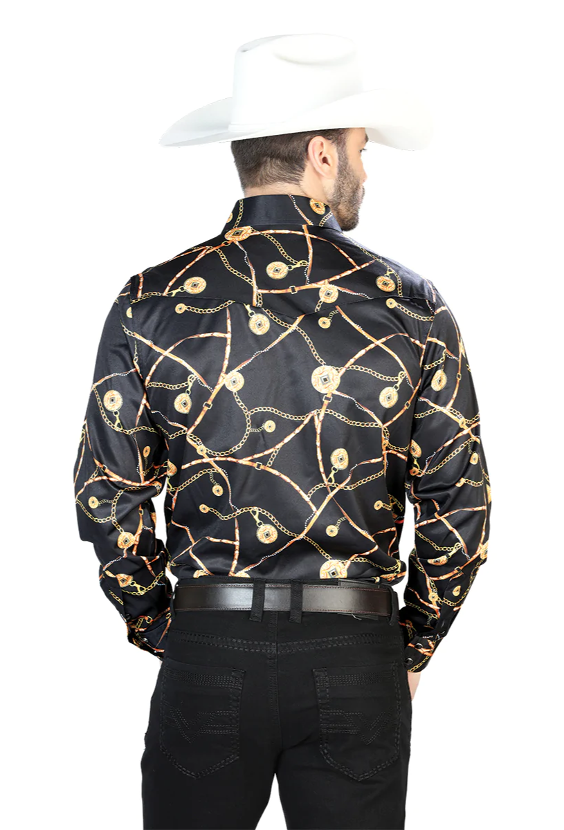 Long Sleeve Denim Shirt Printed Black Chains for Men 'The Lord of the Skies' - ID: 44087