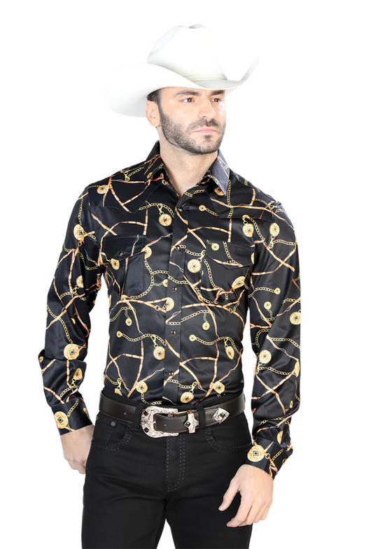 Long Sleeve Denim Shirt Printed Black Chains for Men 'The Lord of the Skies' - ID: 44087