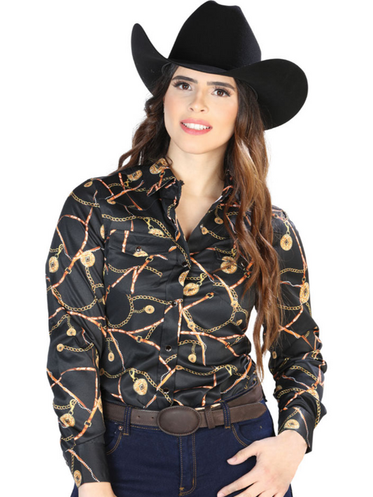 Black/White Floral Print Long Sleeve Denim Shirt for Women 'The Lord of the Skies' - ID: 44088