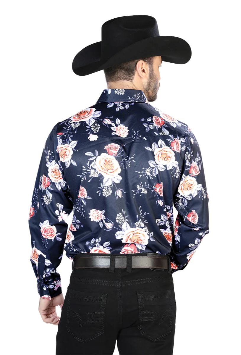 Camisa Vaquera Manga Larga Estampada Floral Marino/Rosas para Hombre 'El Señor de los Cielos' - ID: 44089