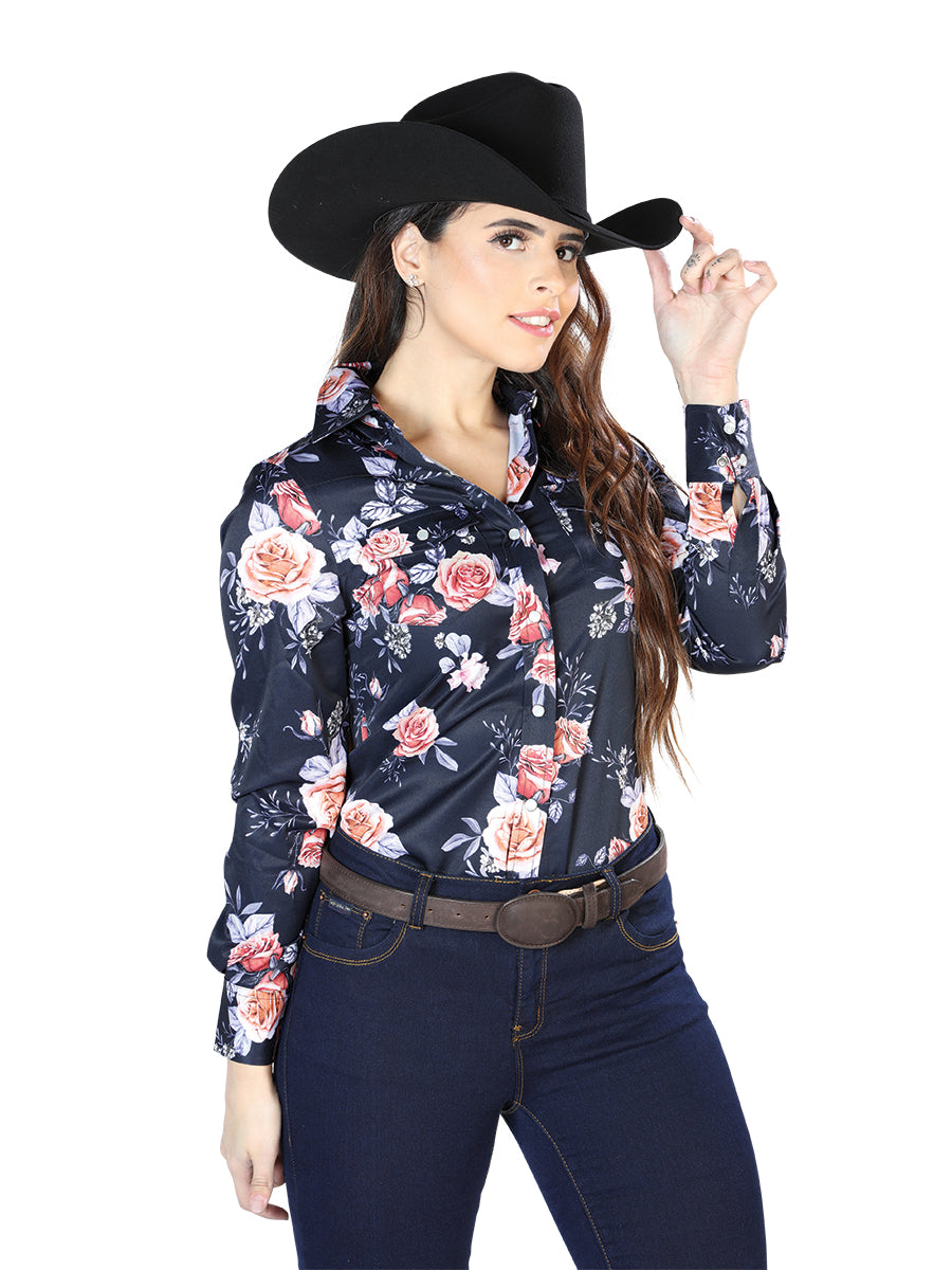 Long Sleeve Denim Shirt Floral Print Navy Blue / Roses for Women 'The Lord of the Skies' - ID: 44090