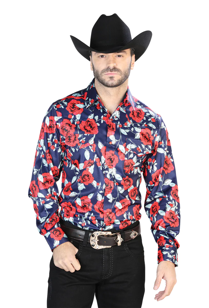 Brick/Rose Floral Print Long Sleeve Denim Shirt for Men 'The Lord of the Skies' - ID: 44098