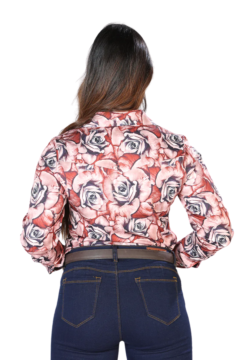 Red/Black Floral Print Long Sleeve Denim Shirt for Women 'The Lord of the Skies' - ID: 44099