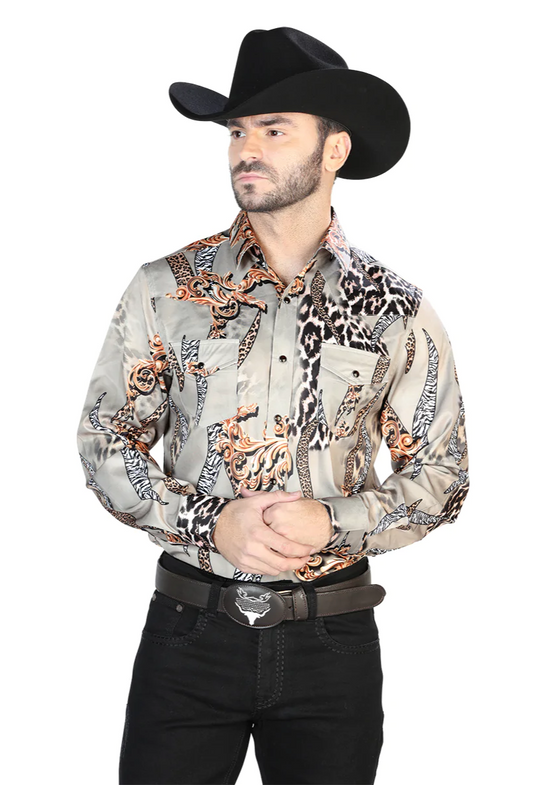 Brown Gray Printed Long Sleeve Denim Shirt for Men 'The Lord of the Skies' - ID: 44102