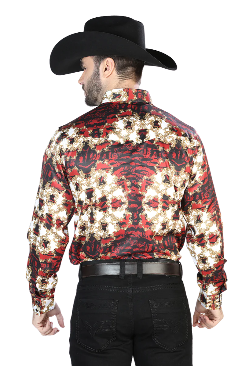Burgundy Printed Long Sleeve Denim Shirt for Men 'The Lord of the Skies' - ID: 44103