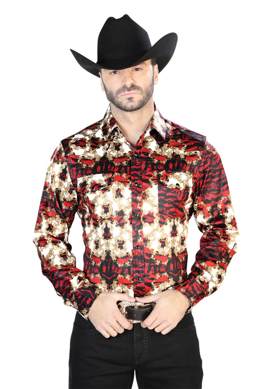 Burgundy Printed Long Sleeve Denim Shirt for Men 'The Lord of the Skies' - ID: 44103