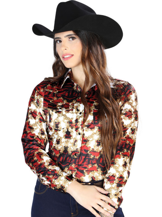 Long Sleeve Floral Print Burgandy/Gold Denim Shirt for Women 'The Lord of the Skies' - ID: 44105