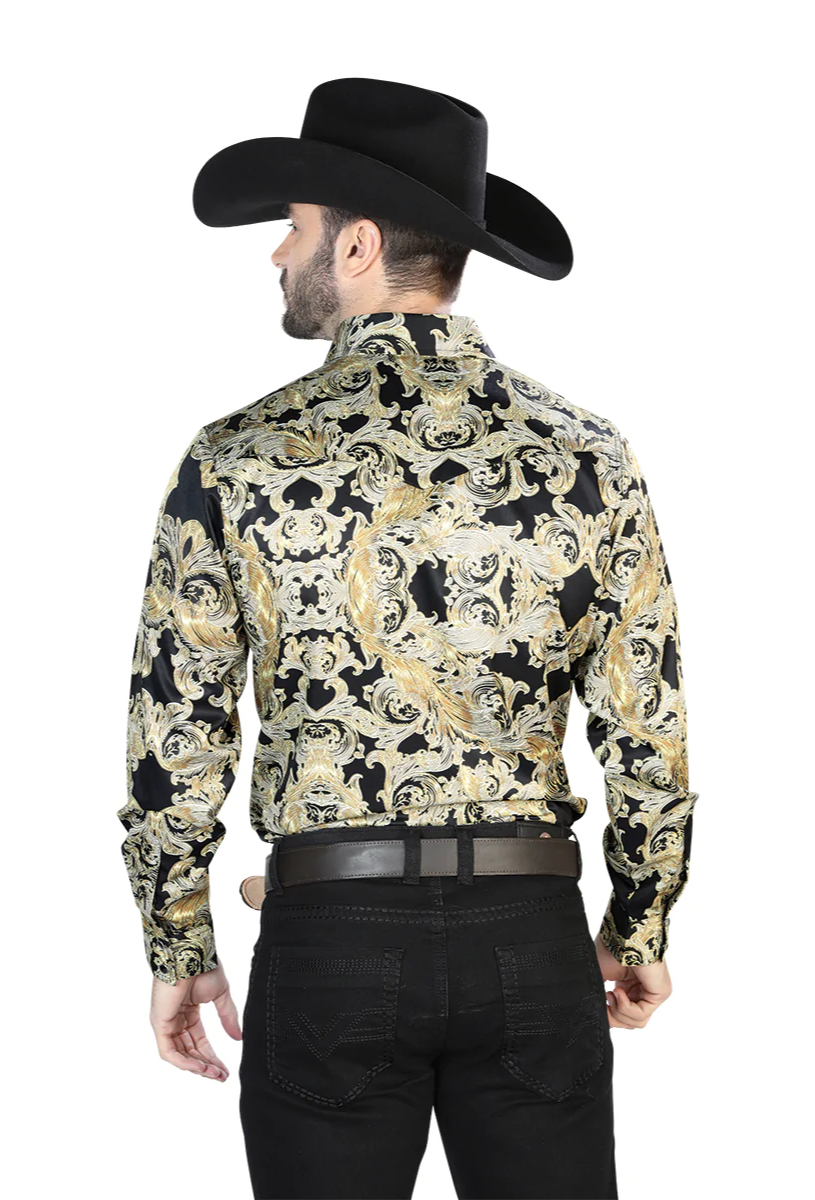 Camisa Vaquera Manga Larga Estampada Cachemir Oro/Negro para Hombre 'El Señor de los Cielos' - ID: 44106 Western Shirt El Señor de los Cielos 
