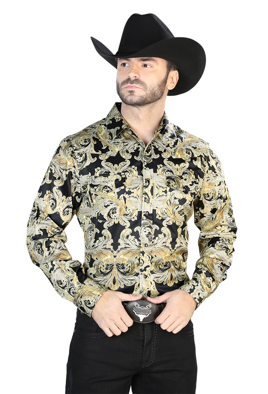Gold/Black Paisley Print Long Sleeve Denim Shirt for Men 'The Lord of the Skies' - ID: 44106