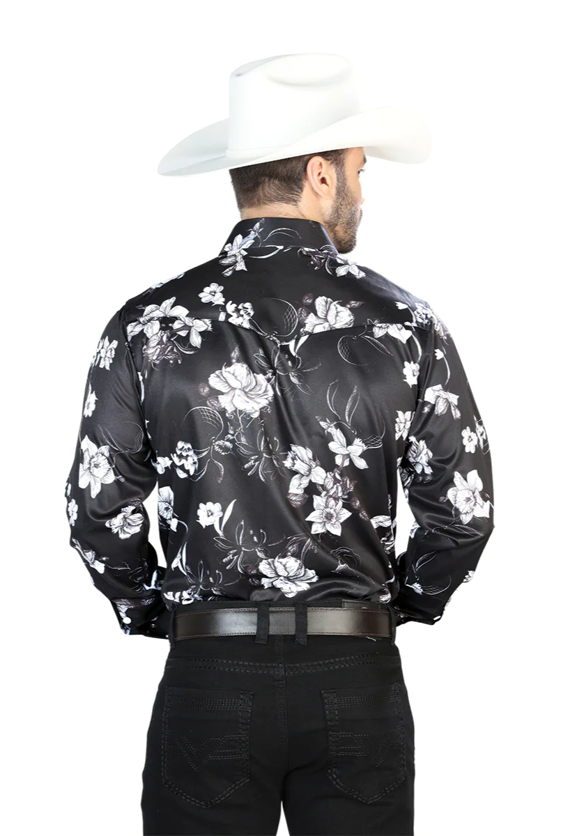 Camisa Vaquera Manga Larga Estampada Floral Negro/Blanco para Hombre 'El Señor de los Cielos' - ID: 44109 Western Shirt El Señor de los Cielos 