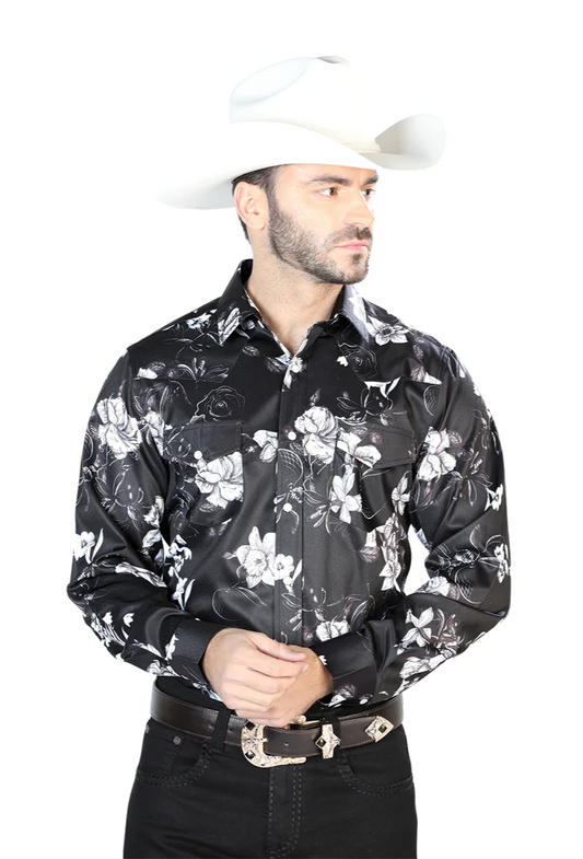 Black/White Floral Print Long Sleeve Denim Shirt for Men 'The Lord of the Skies' - ID: 44109