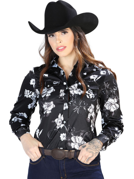 Black/White Floral Print Long Sleeve Denim Shirt for Women 'The Lord of the Skies' - ID: 44110