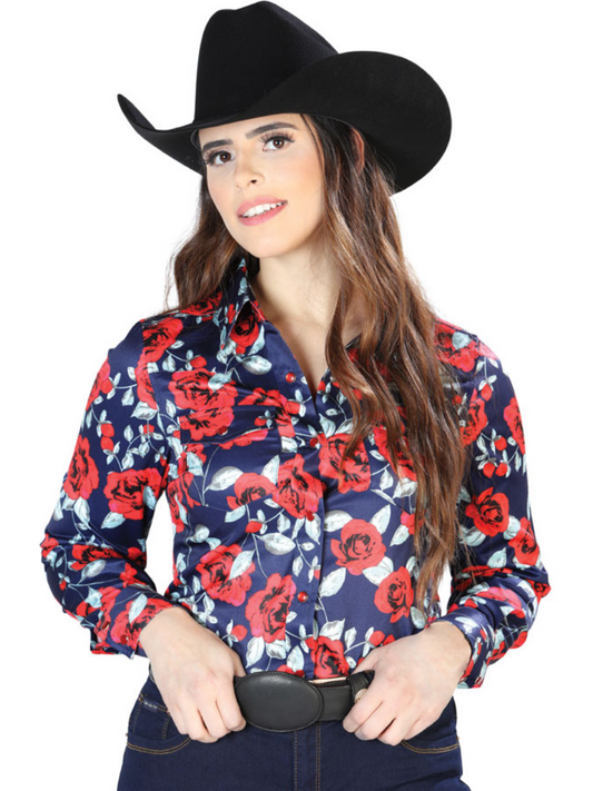 Black/Rose Floral Print Long Sleeve Denim Shirt for Women 'The Lord of the Skies' - ID: 44112