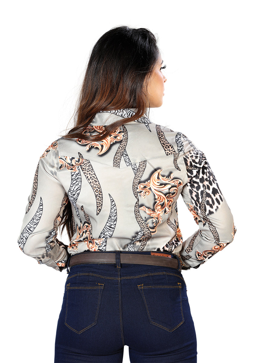 Brown Gray Printed Long Sleeve Denim Shirt for Women 'The Lord of the Skies' - ID: 44113