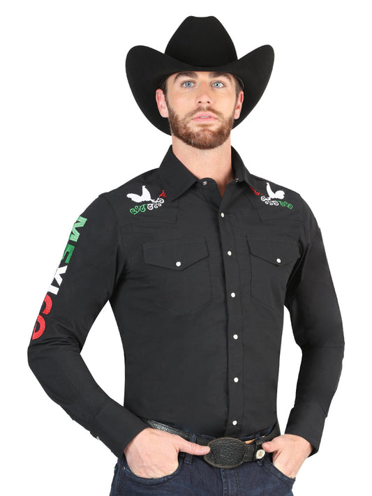 Embroidered Mexico Western Shirt Black Long Sleeve for Men 'El General' - ID: 44276 Western Shirt El General Black