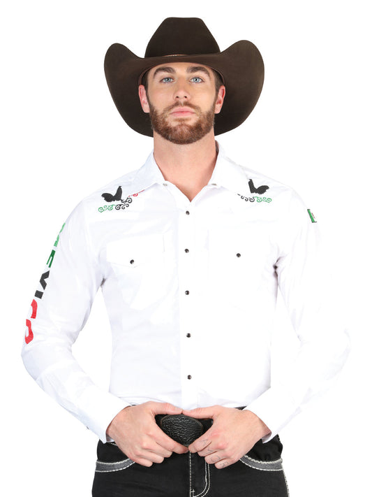 White Long Sleeve Mexico Embroidered Denim Shirt for Men 'El General' - ID: 44277 Western Shirt El General White